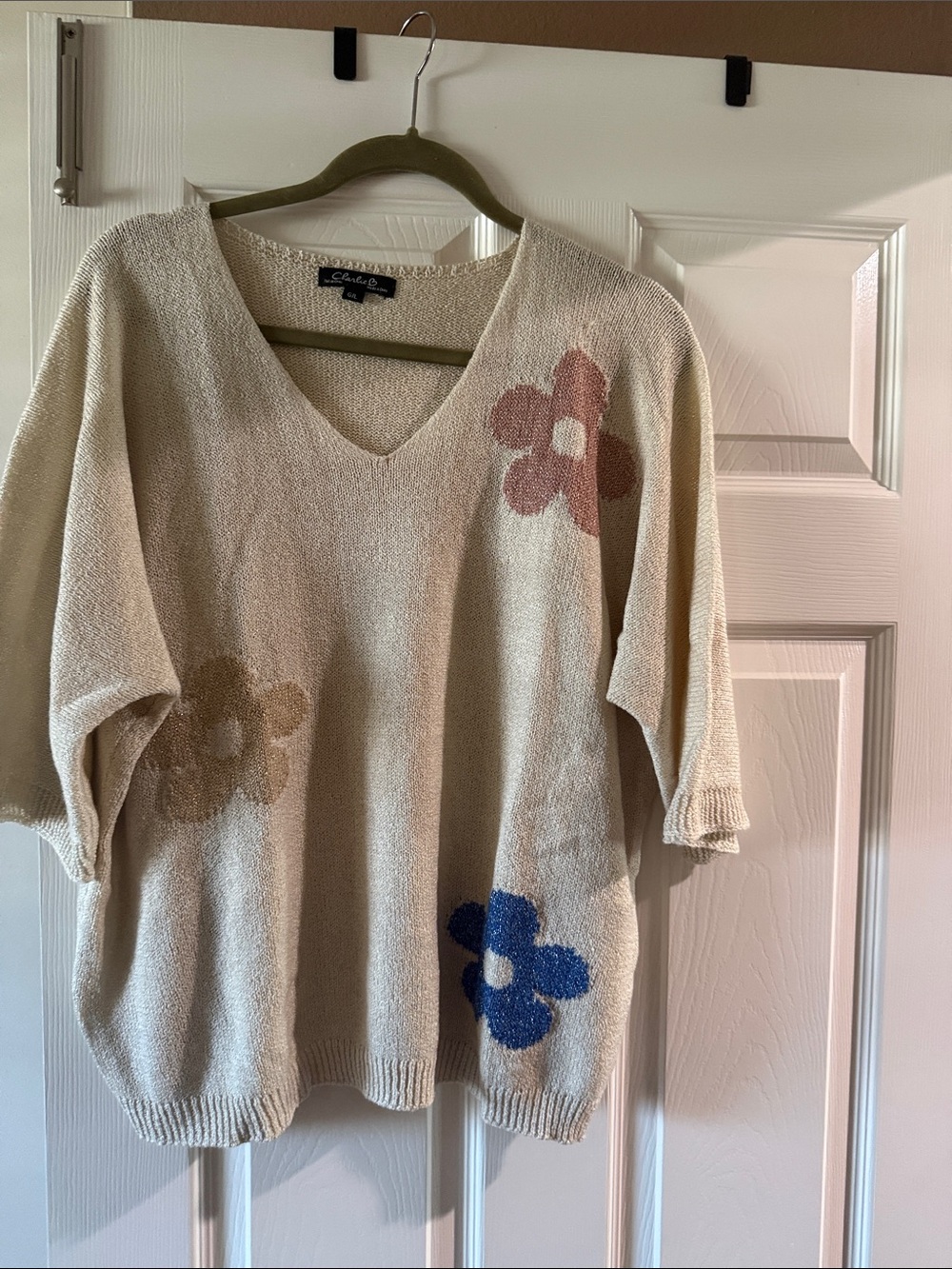 CHARLIE B Cream V-Neck Sweater with Pink, Tan and Blue Floral Accents